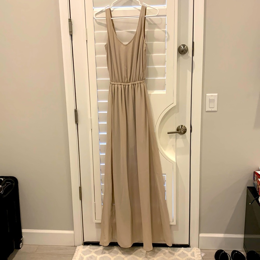 Beige chiffon dress- Kendall style. Beautiful- Bought but never worn-too small.
